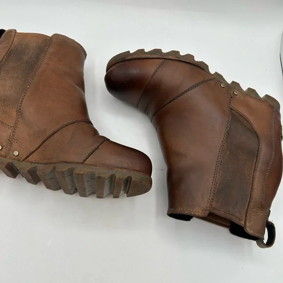 Sorel Women’s Lea Wedge Platform Booties Boots Leather  in Elk Curry Size 7 - Picture 3 of 12